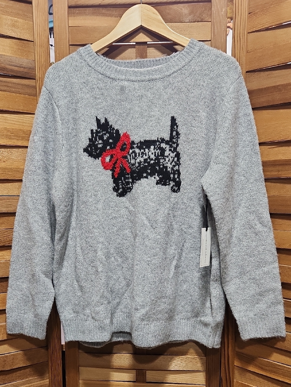 NWT cupcakes & cashmere Gray Crewneck Sweater Women IX Scottish Terrier Dog Bow